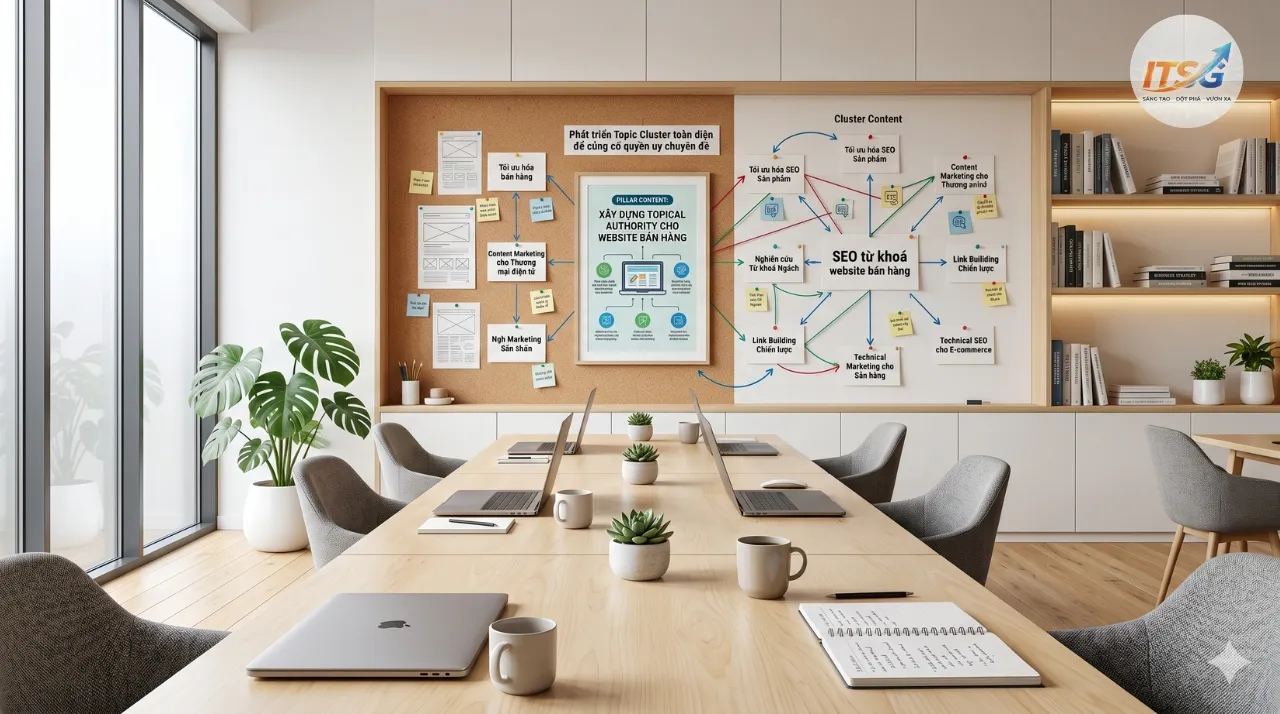 Hình ảnh phòng họp hiện đại với bảng kế hoạch SEO từ khoá và chiến lược Topic Cluster chi tiết cho website bán hàng, cùng các laptop và vật dụng văn phòng.