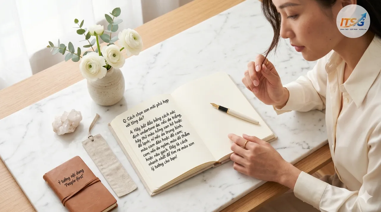 Người phụ nữ đang tập trung đọc sách về ý tưởng nội dung 'People-first', chuẩn bị chiến lược phát triển content. Đây là bước quan trọng để tối ưu hóa seo từ khoá và mang lại giá trị cho người dùng.