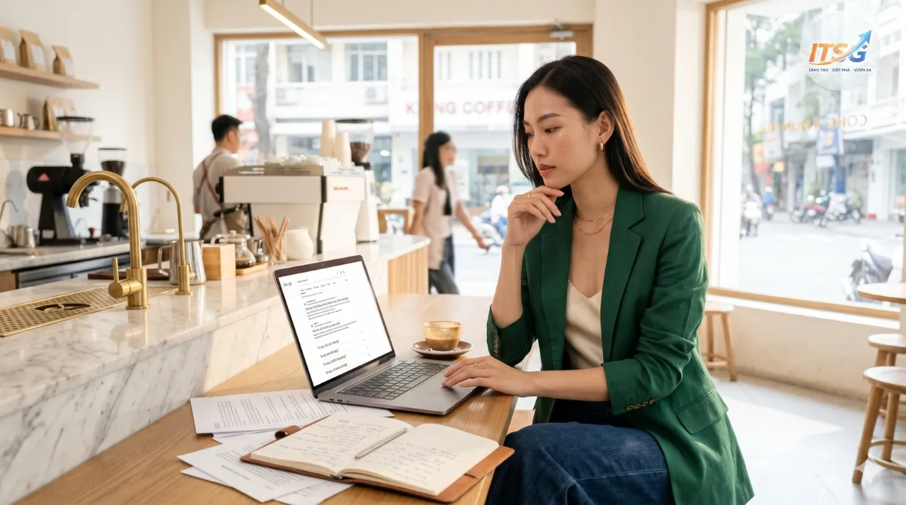 Hình ảnh một phụ nữ trẻ chuyên nghiệp đang tập trung làm việc với laptop tại quán cà phê hiện đại. Cô ấy đang nghiên cứu về seo từ khoá, tối ưu hóa nội dung web.