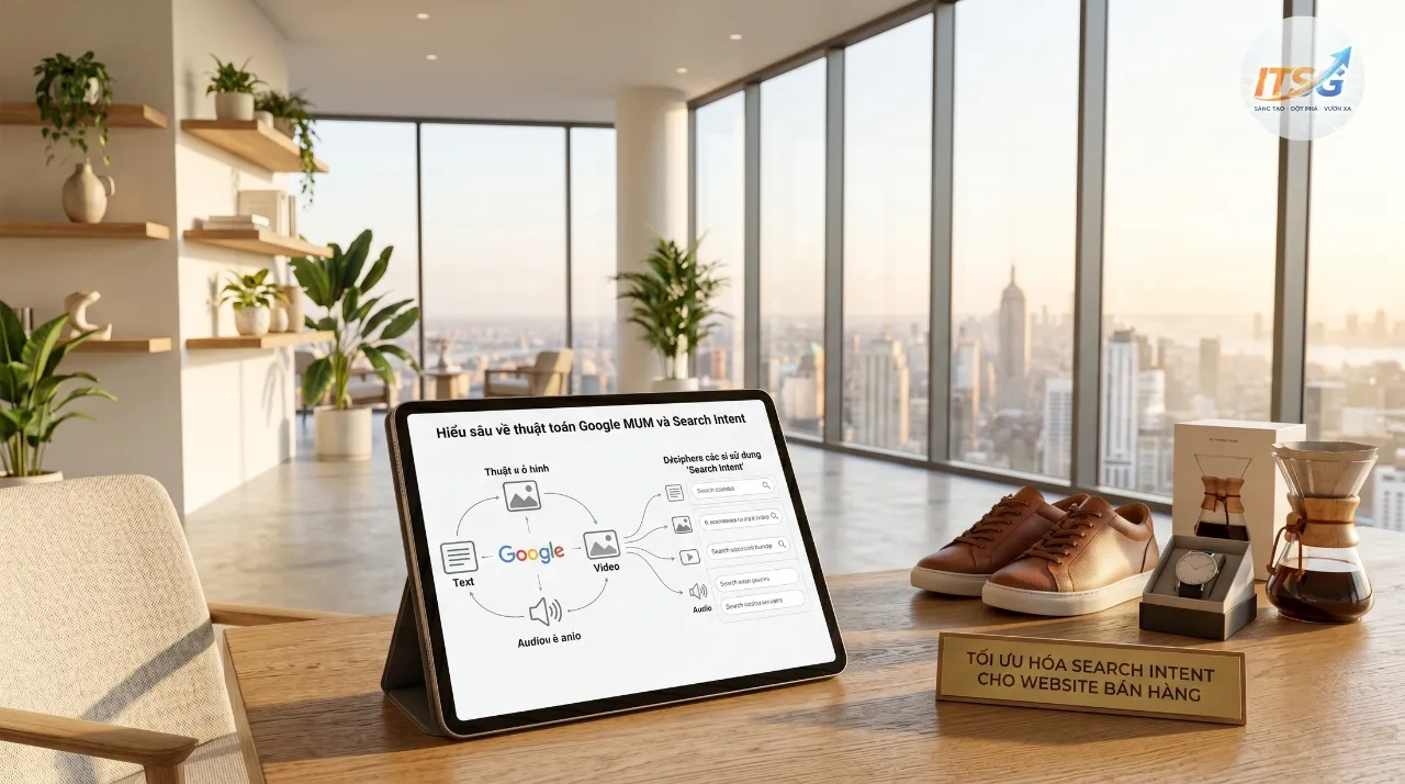 Hình ảnh mô tả việc tối ưu seo từ khoá và hiểu sâu thuật toán Google MUM, Search Intent trên máy tính bảng trong không gian làm việc hiện đại, hỗ trợ website bán hàng.