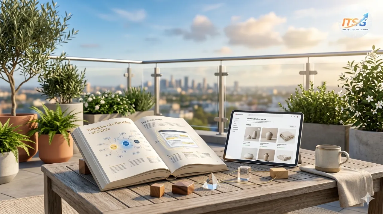 Cuốn sách 'Tương Lai của Tìm Kiếm - SEO 2026' và máy tính bảng trên bàn gỗ ở sân thượng, với tầm nhìn thành phố. Khám phá chiến lược seo từ khoá hiệu quả.